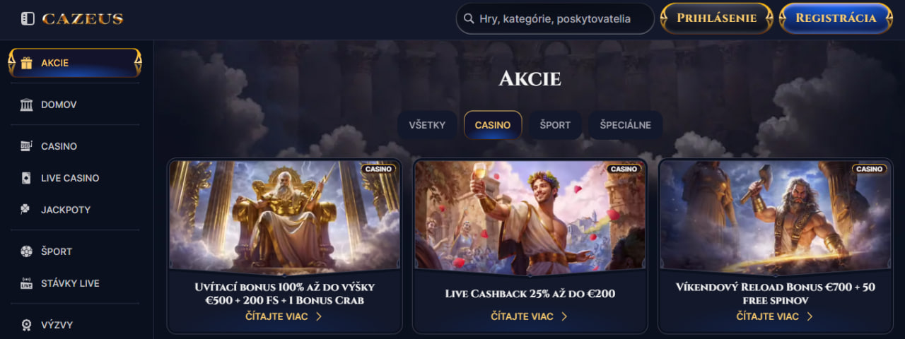 Bonusy a promo akcie kasína CaZeus