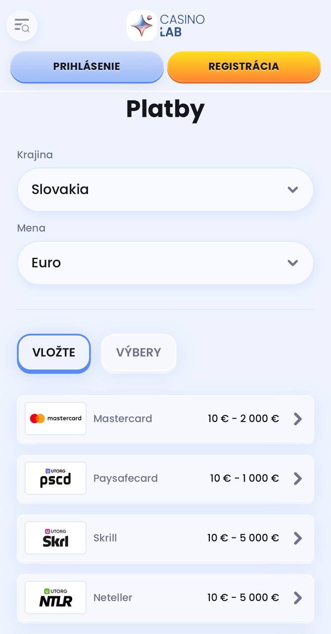 Platobné metódy v CasinoLab Mobile