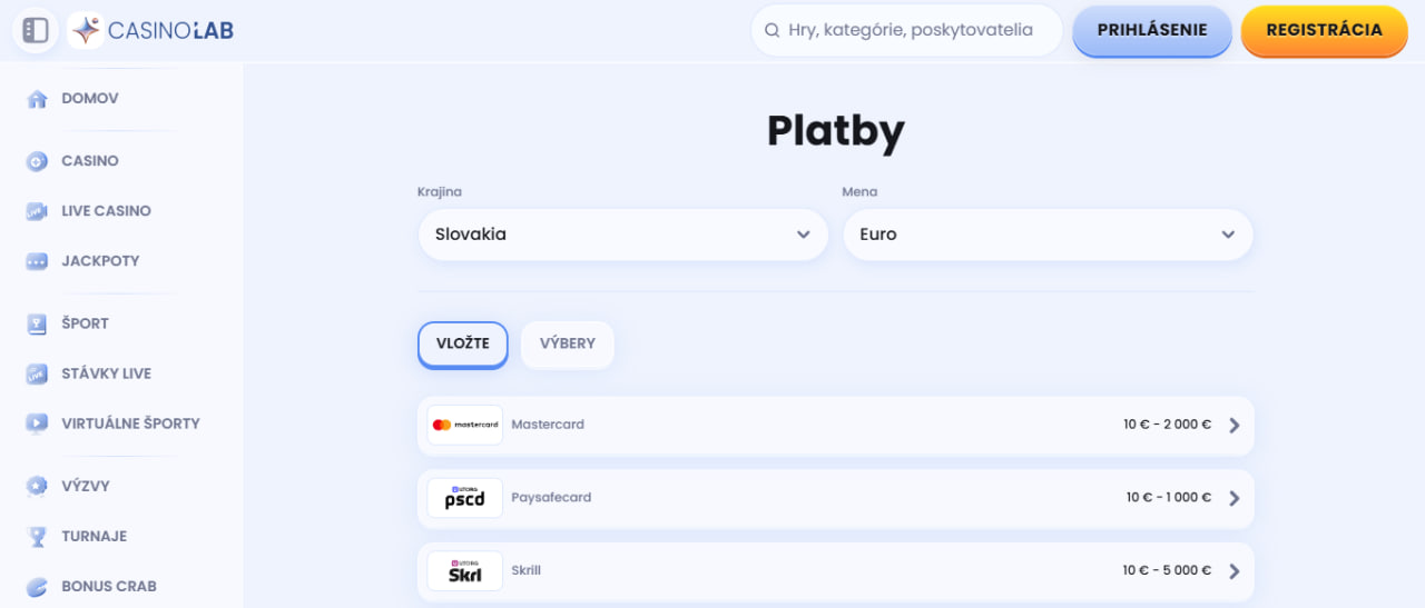 Platobné metódy v CasinoLab