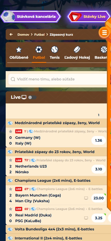 Wazamba Bookmaker Live Sport Betting Slovakia (Mobile screen), stavkovekancelarie.tv