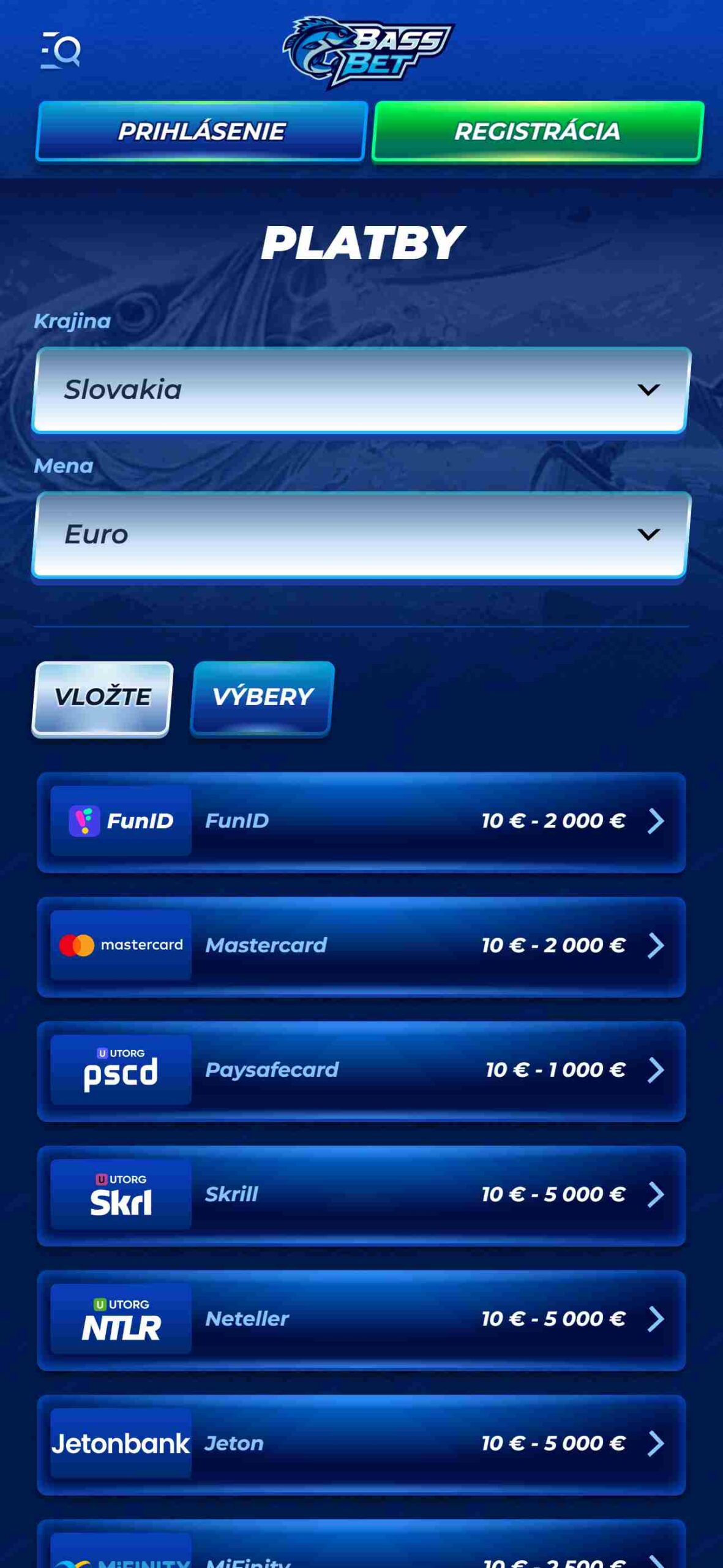 Bassbet Payments, Slovakia (mobile screen)